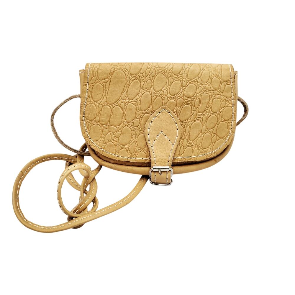 Camel Tan Genuine Leather Reptile Embossed Buckle Detail Mini Crossbody Bag